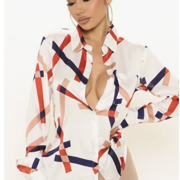 Fashion Nova Tops - Fashion Nova White and Red Geometric Button Down Shirt